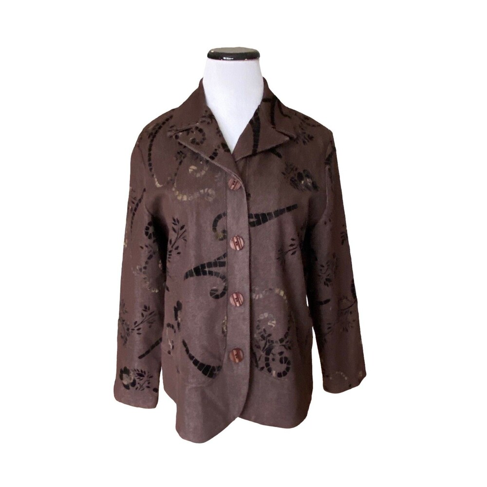 Vintage 90s Brown Flocked Velvet‎ Floral Button Front Jacket Blazer Size M Artsy